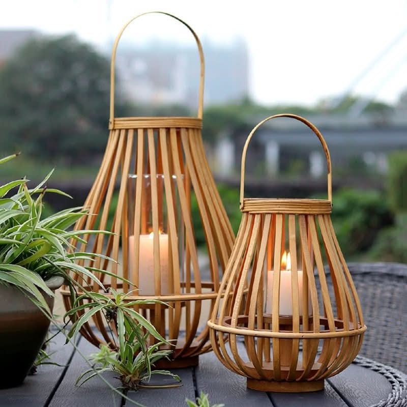 Wooden candle holder home decoration windproof candle lamp ornaments with lit candles.